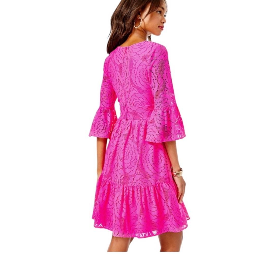 Lilly Pulitzer Cecelia Dress in Pink Tango Bungalow Blossom Lace Sz 8 - Picture 4 of 16
